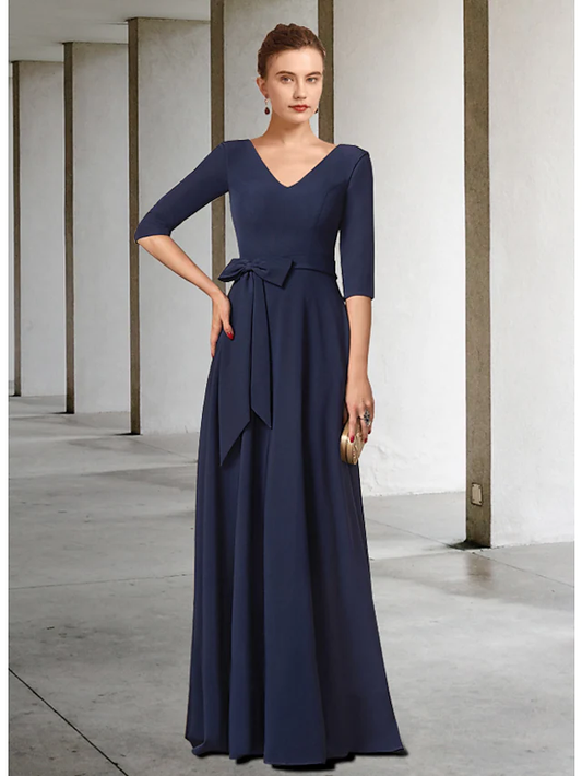 Mother of the Bride Dress Elegant V Neck Floor Length Stretch Fabric Half Sleeve with Sash Ribbon Bow(s)