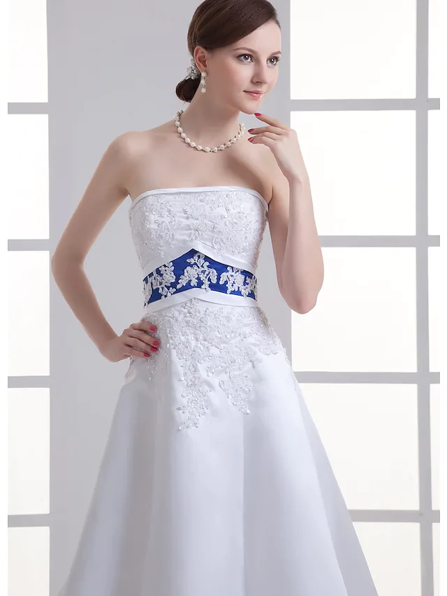 A-Line Wedding Dresses Strapless Court Train Lace Satin Strapless with Sashes Ribbons Beading