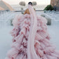 Layers Tulle Ball Gown Wedding Dress Drama Pink Wedding Dress Off Shoulder Without Wedding Veil