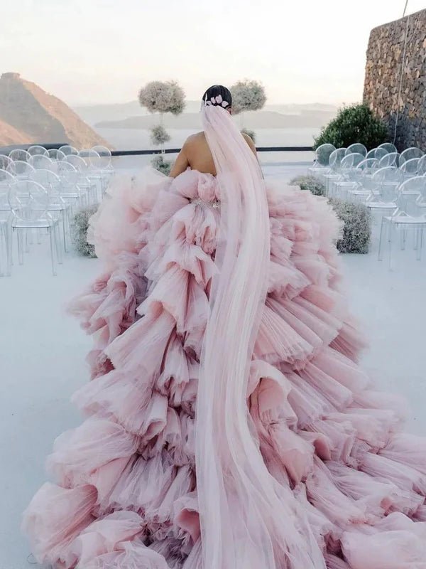Layers Tulle Ball Gown Wedding Dress Drama Pink Wedding Dress Off Shoulder Without Wedding Veil