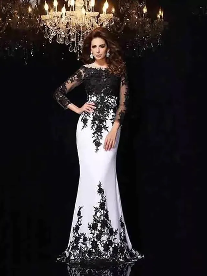 Wedding Dresses Bateau Neck Lace Tulle Lace Over Satin Long Sleeve Sexy Black Illusion Sleeve