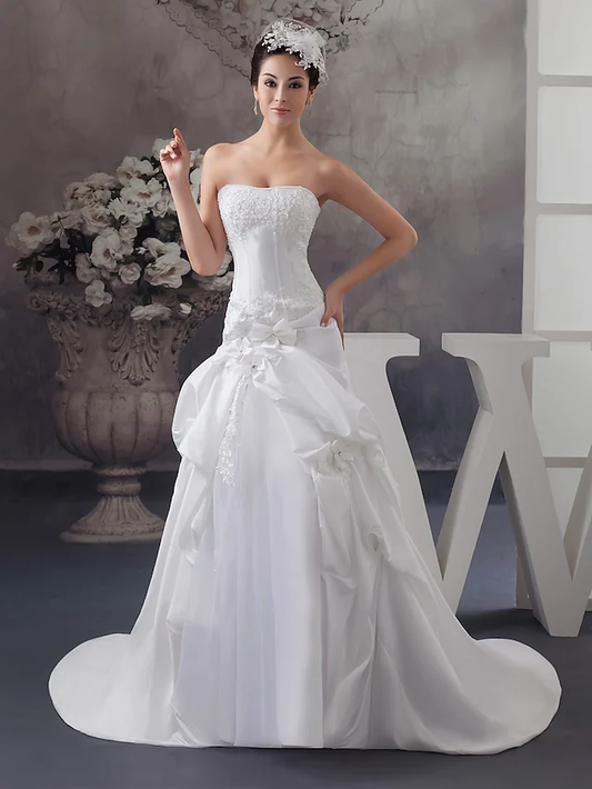 A-Line Wedding Dresses Strapless Court Train Satin Strapless with Beading Appliques Off Shoulder