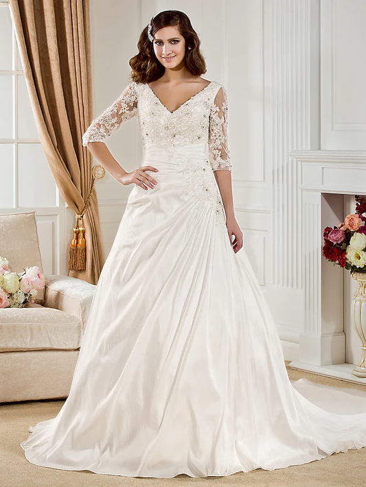 Ball Gown Wedding Dresses V Neck Chapel Train Taffeta Half Sleeve See-Through with Ruched Beading