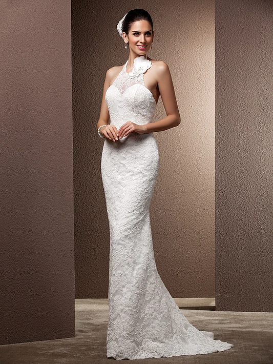 Wedding Dresses Halter Neck Lace Regular Straps Open Back with Beading Flower