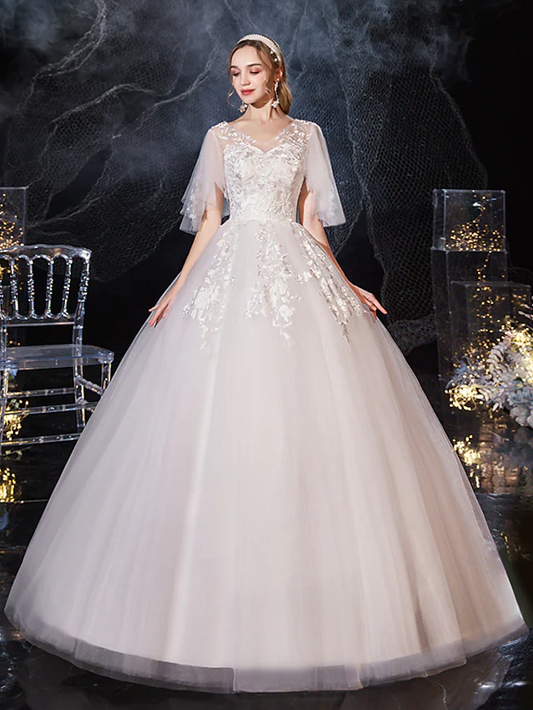 Princess Ball Gown Wedding Dresses V Neck Floor Length Lace Tulle Half Sleeve Formal Romantic