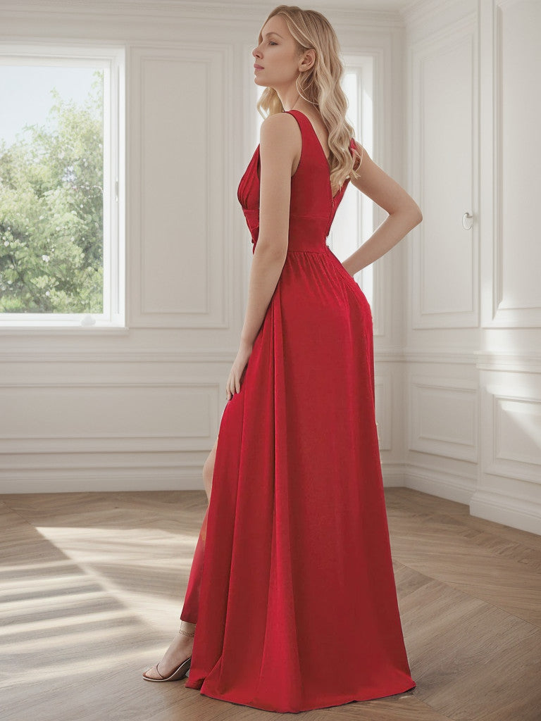 Chiffon High Slit Sleeveless V-Neck Empire Waist Formal Evening Dress Sexy Party Dress