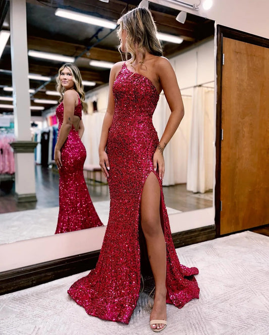 Mermaid Glitter One Shoulder Prom Dress With Split Sparkly Sexy