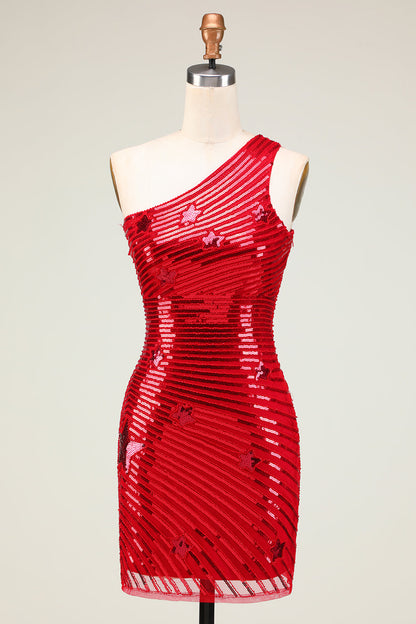 Sheath One Shoulder Red Sequins Short Homecoming Dress With Star Sparkly