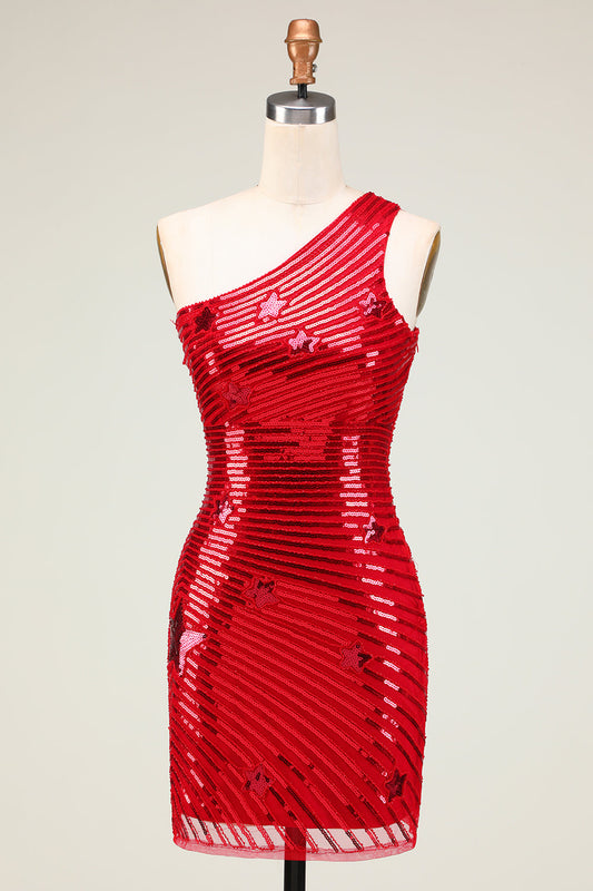 Sheath One Shoulder Red Sequins Short Homecoming Dress With Star Sparkly