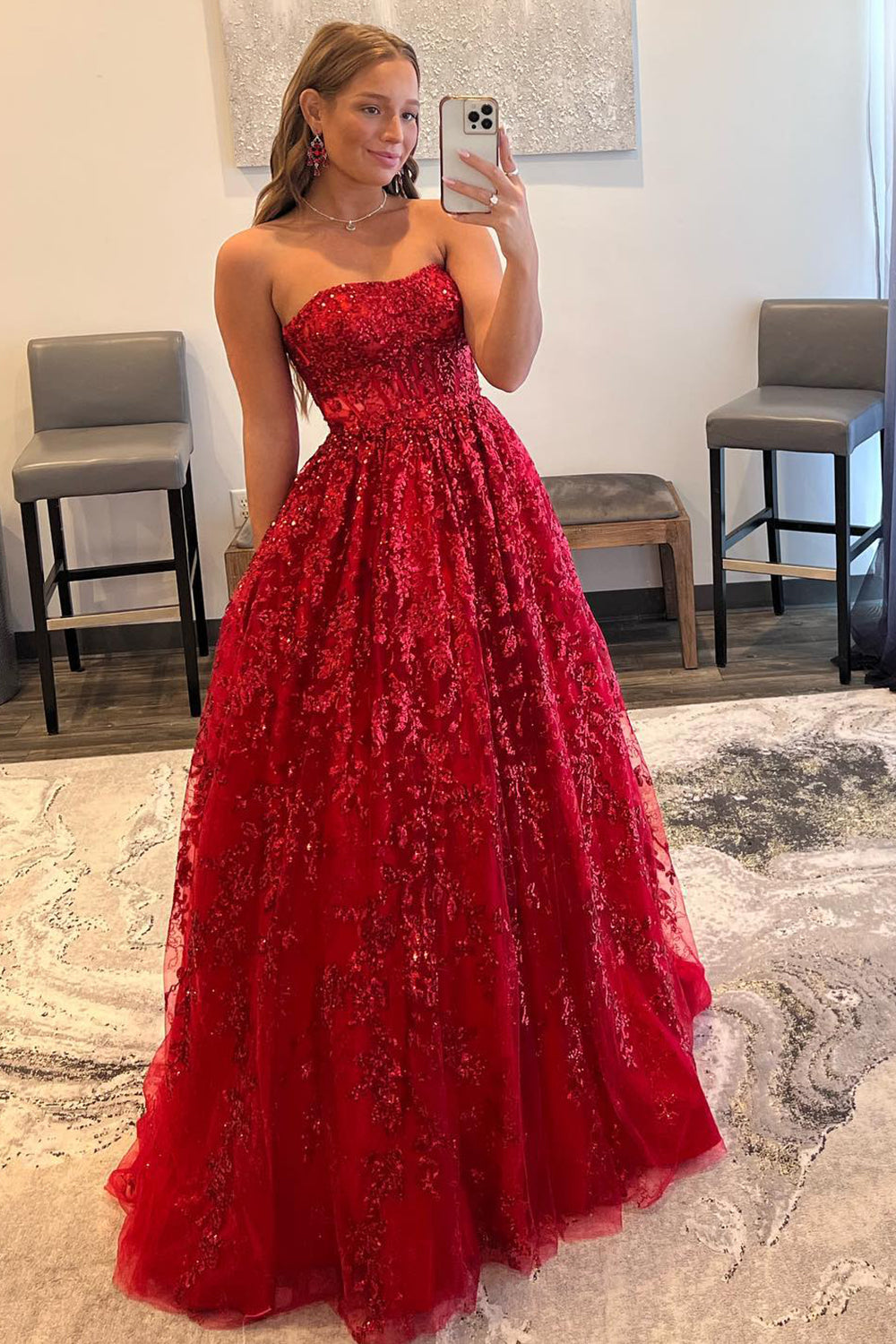 A Line Strapless Red Long Prom Dress Off Shoulder Sexy Evening Dresses