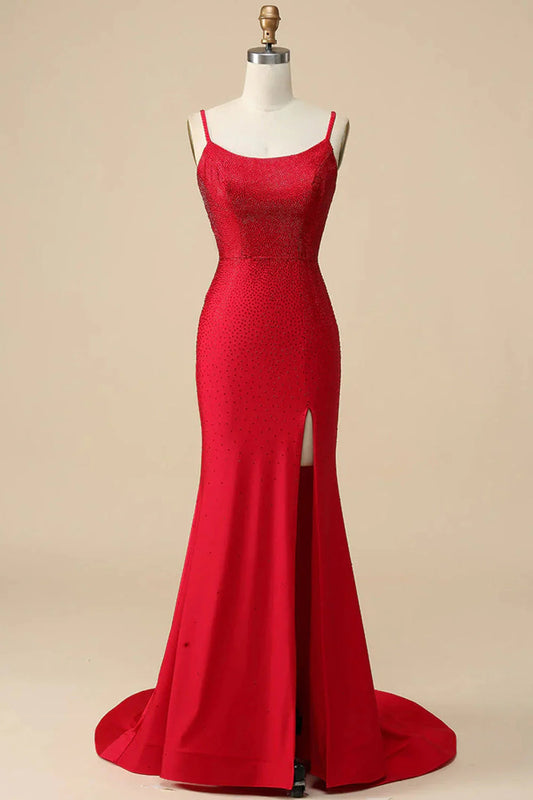 Mermaid Spaghettti Straps Sequins Long Prom Dress with Split Front Red