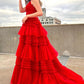 A-Line Deep V Neck Tiered Long Prom Dress Sexy