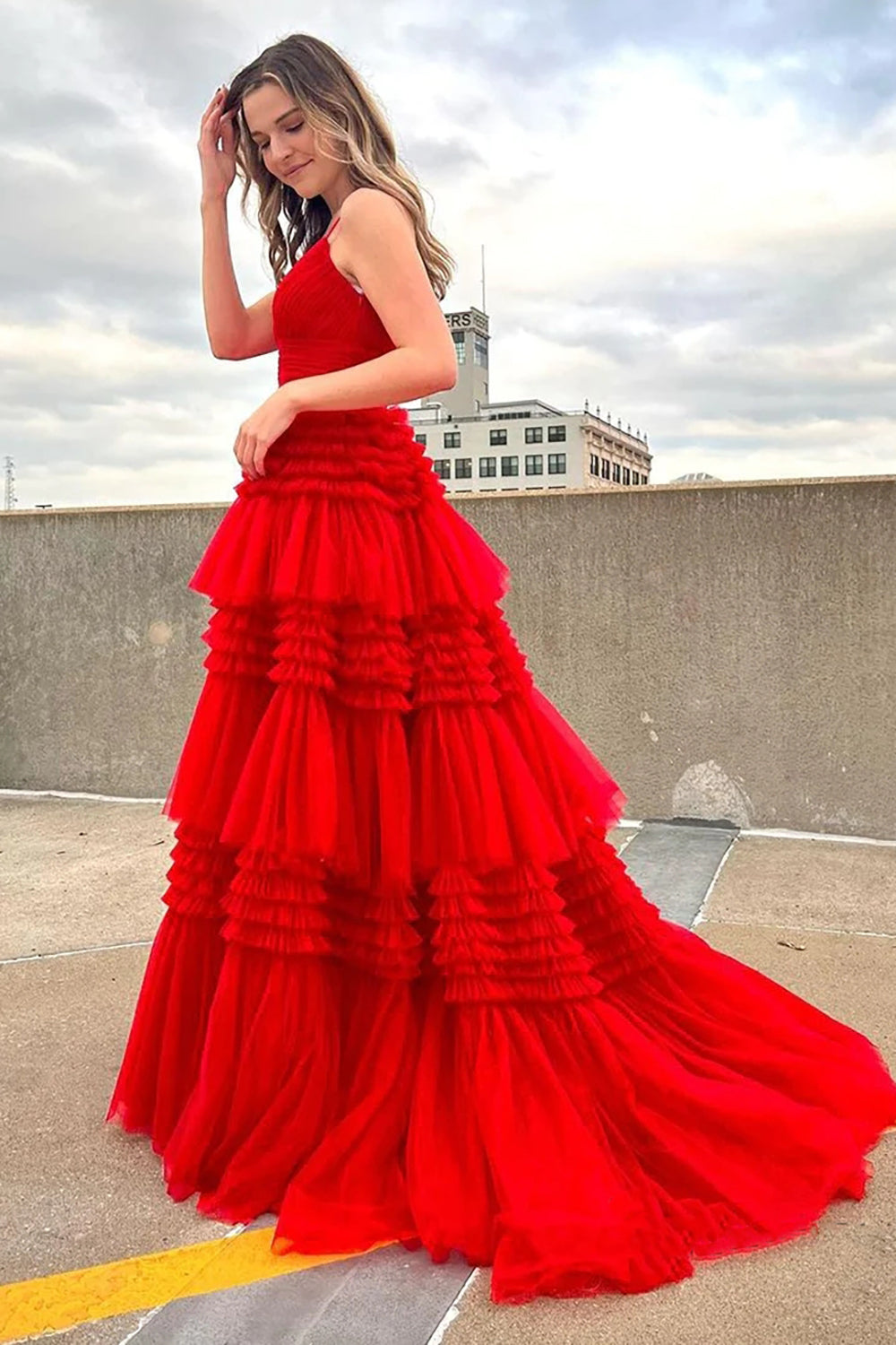 A-Line Deep V Neck Tiered Long Prom Dress Sexy