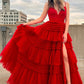 A-Line Deep V Neck Tiered Long Prom Dress Sexy