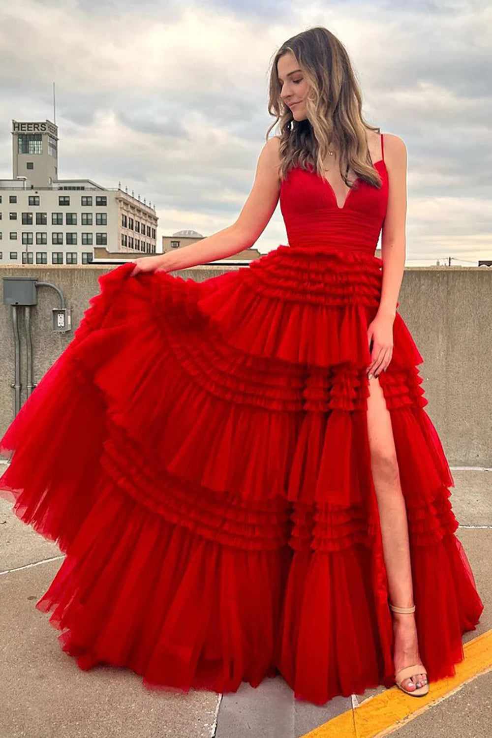 A-Line Deep V Neck Tiered Long Prom Dress Sexy