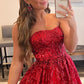 A Line Strapless Red Long Prom Dress Off Shoulder Sexy Evening Dresses