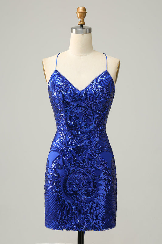 Sheath Spaghetti Straps Sequins Short Homecoming Dress V-neck Sparkly