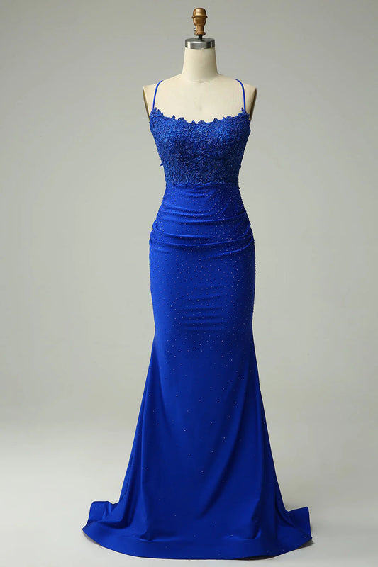 Royal Blue Mermaid Long Prom Dress with Beading Pure Color Sexy