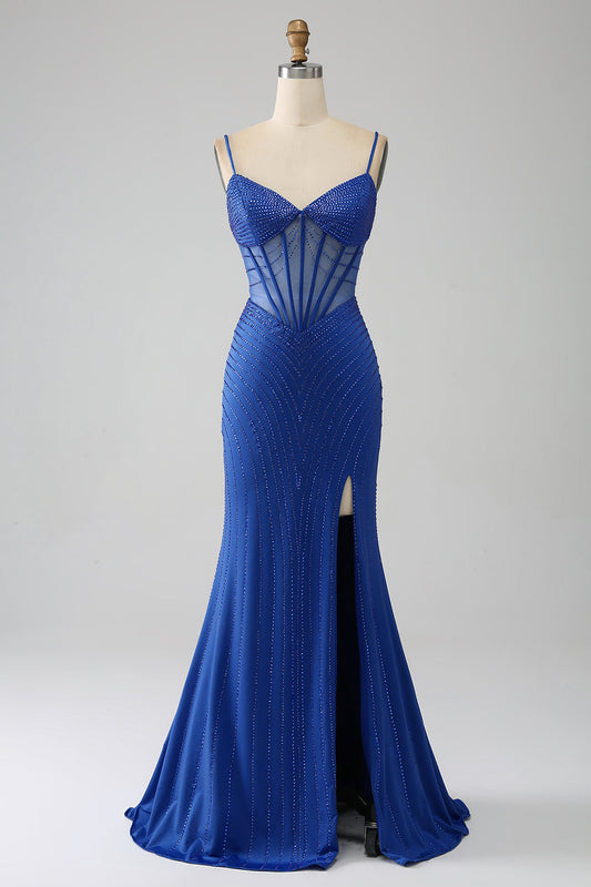 Royal Blue Mermaid Corset Sparkly Beaded Prom Dress with Slit Sexy Evening Dresses
