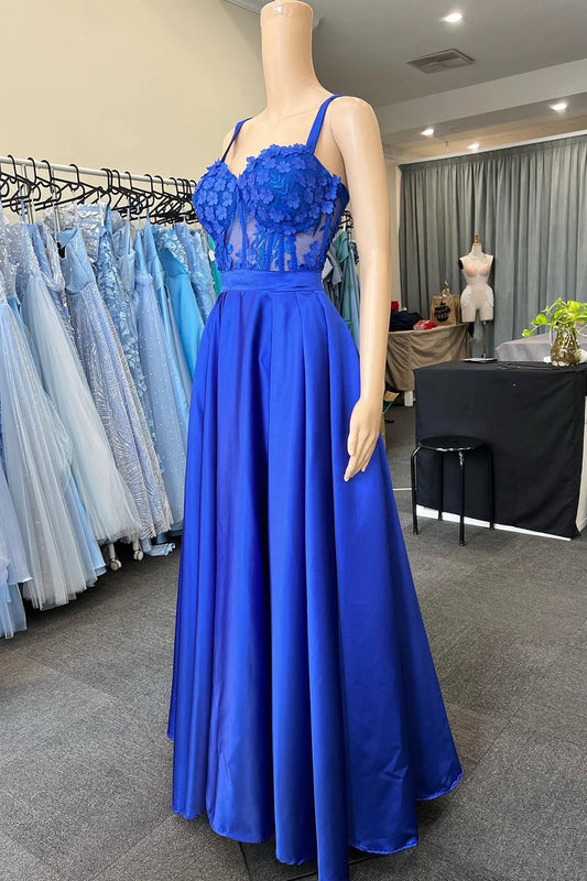 Spaghetti Straps Corset Prom Dress with Appliques Royal Blue Sexy