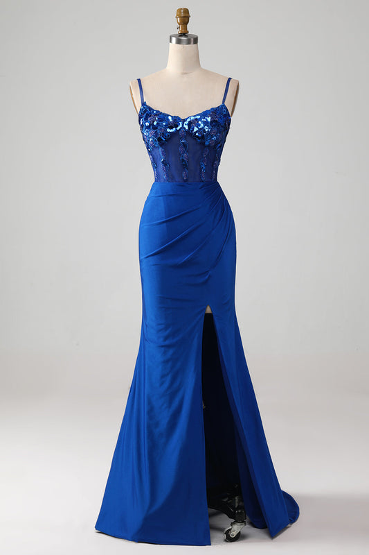 Royal Blue Mermaid Spaghetti Straps Beaded Corset Prom Dress with Slit Sexy Evening Dresses