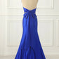 Royal Blue Satin Prom Dress with Bow V-neck Long Pure Color