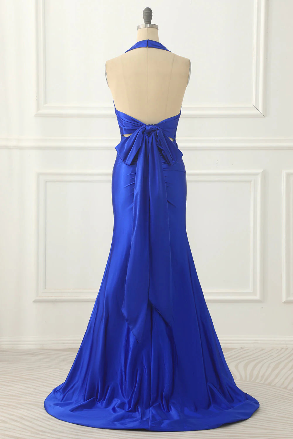 Royal Blue Satin Prom Dress with Bow V-neck Long Pure Color