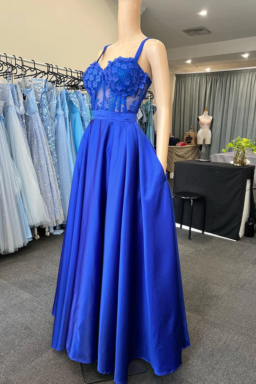 Spaghetti Straps Corset Prom Dress with Appliques Royal Blue Sexy