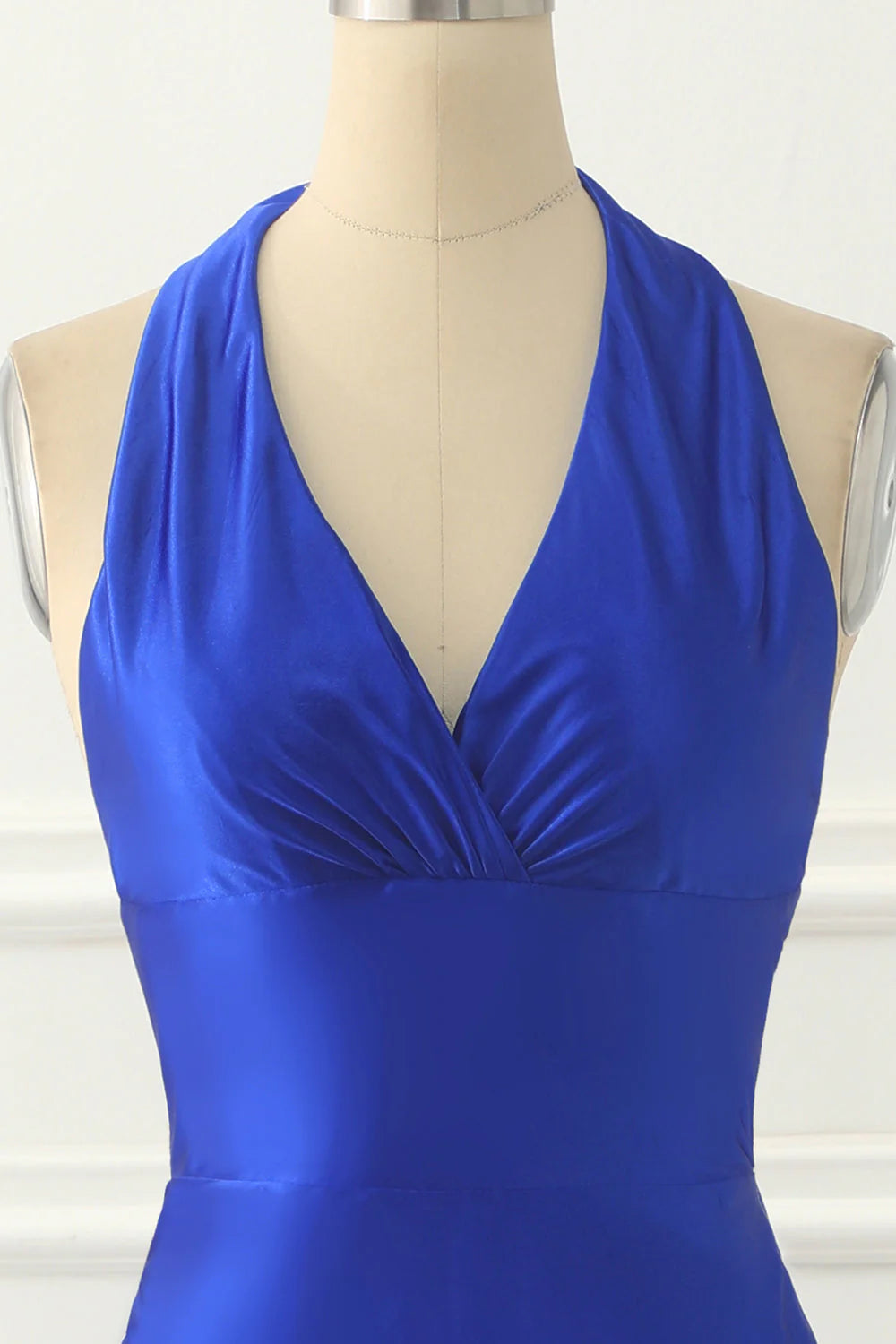 Royal Blue Satin Prom Dress with Bow V-neck Long Pure Color