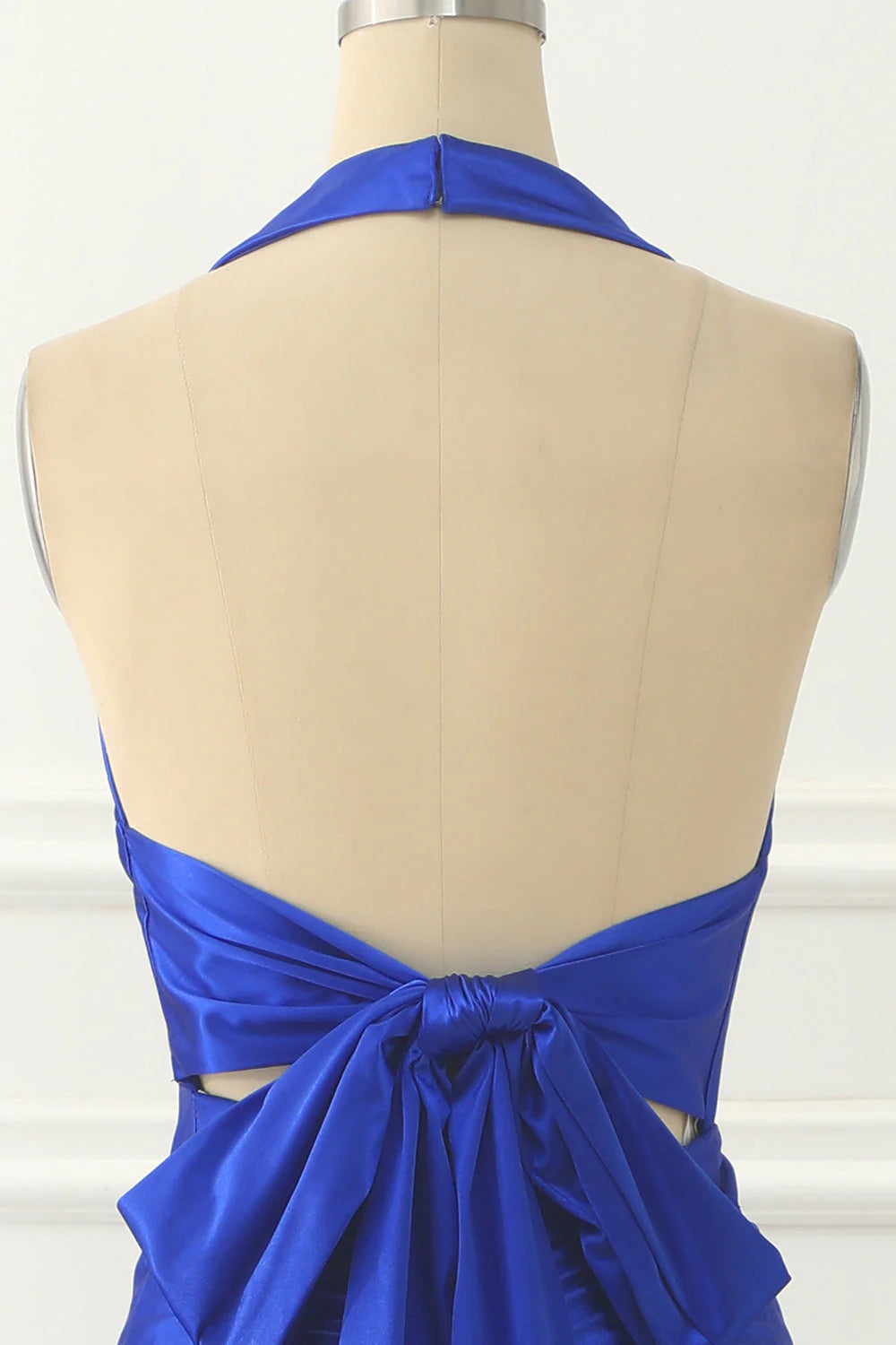 Royal Blue Satin Prom Dress with Bow V-neck Long Pure Color