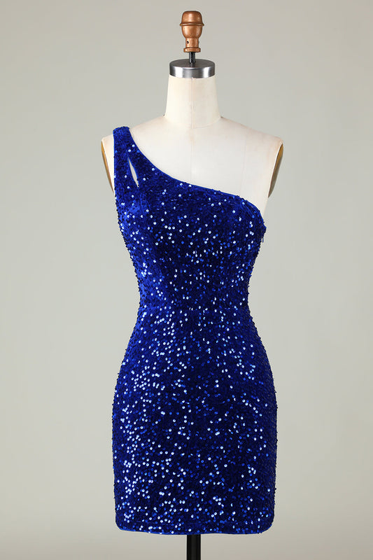 Royal Blue One Shoulder Sequins Tight Beading Short Homecoming Dress Sparkly