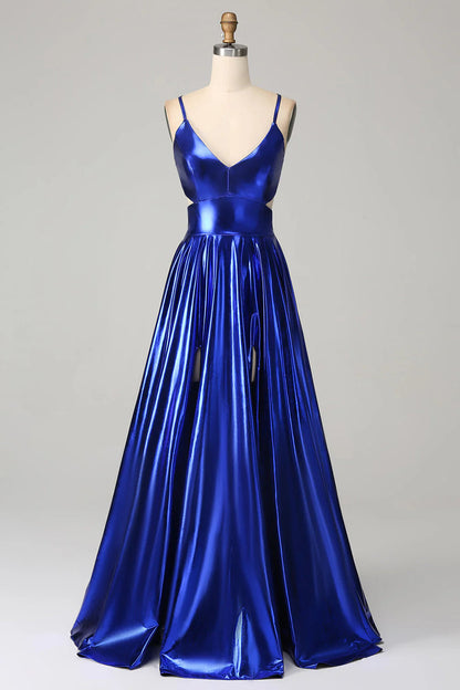 A-Line Spaghetti Straps Prom Dress with Slit V-neck Pure Color Long