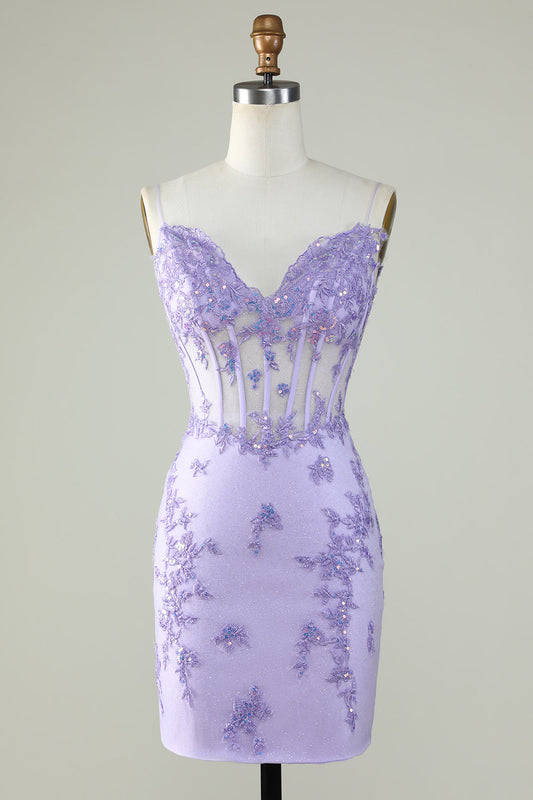Glitter Purple Corset Tight Homecoming Dress With Appliques Short