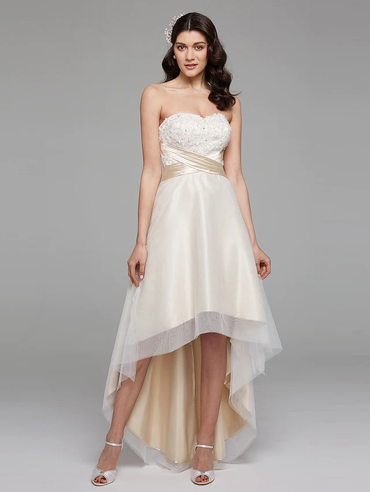 A-Line Wedding Dresses Sweetheart Neckline Asymmetrical Satin Floral Lace Strapless Simple Plus Size with Bowknot Sash Ribbon