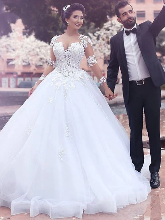 A-Line Wedding Dresses Jewel Neck Court Train Lace Long Sleeve Country Illusion Sleeve Beautiful