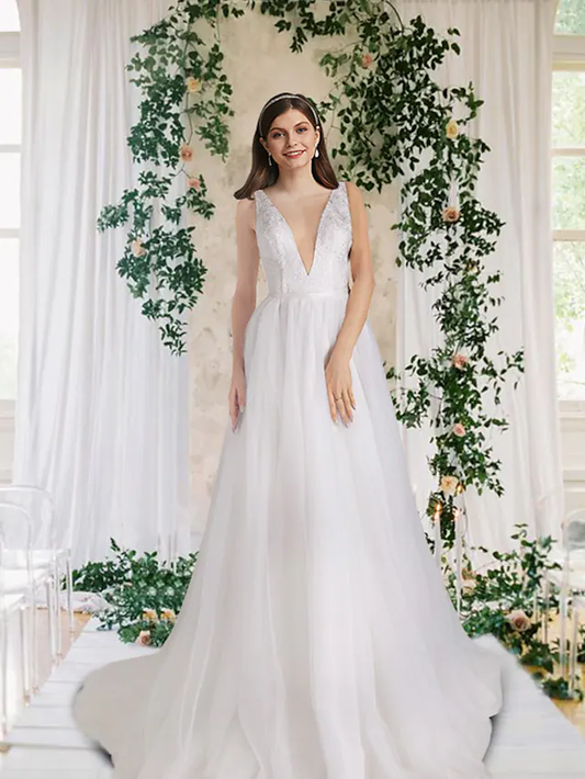 A-Line Wedding Dresses V Neck Court Train Lace Tulle Sleeveless Romantic Simple