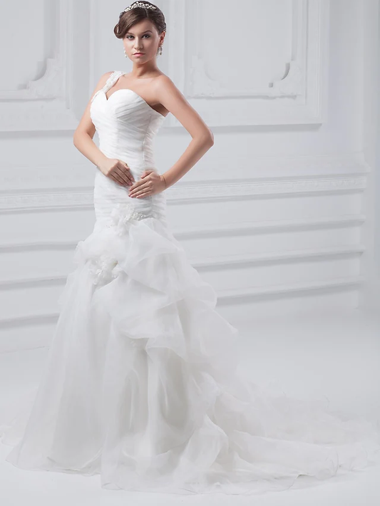 A-Line Wedding Dresses One Shoulder Court Train Organza Satin Spaghetti Strap with Pick Up Skirt Ruched