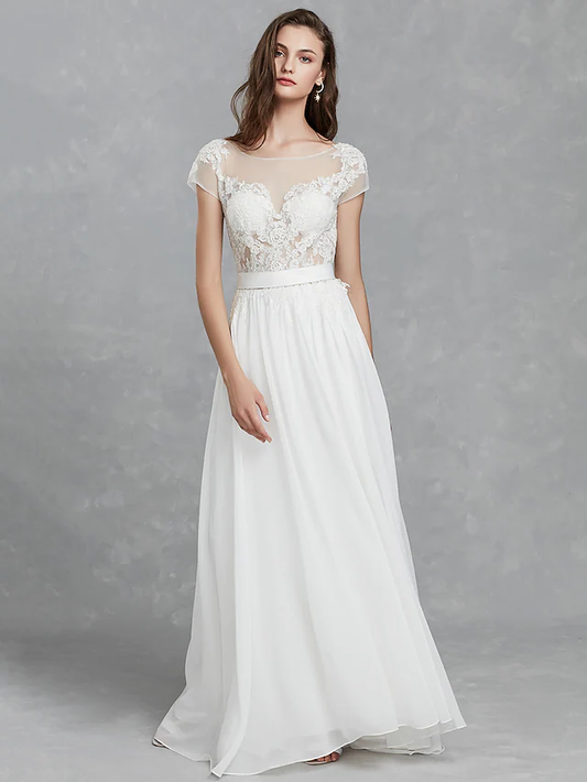 Long Wedding Dresses Bateau Neck Satin Long Sleeve Mordern Backless with Buttons