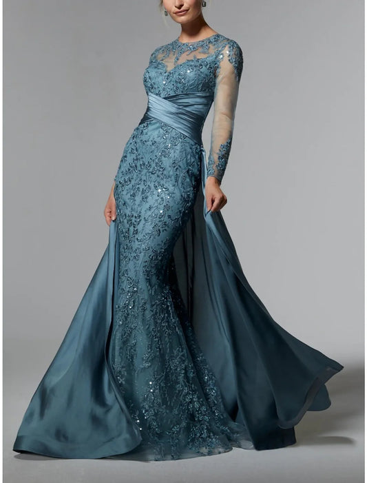 Mermaid / Trumpet Mother of the Bride Dress Wedding Guest Elegant Jewel Neck Sweep / Brush Train Stretch Satin Long Sleeve with Lace