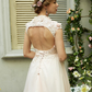 A-Line Wedding Dresses High Neck Sweep Brush Train Tulle Short Sleeve Open Back with Bowknot Sash Ribbon