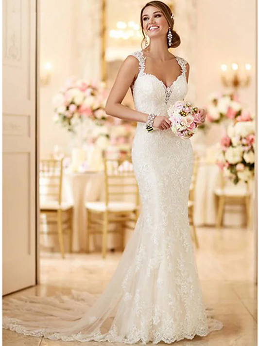 Wedding Dresses V Neck Lace Spaghetti Strap Mordern Sexy Backless Long