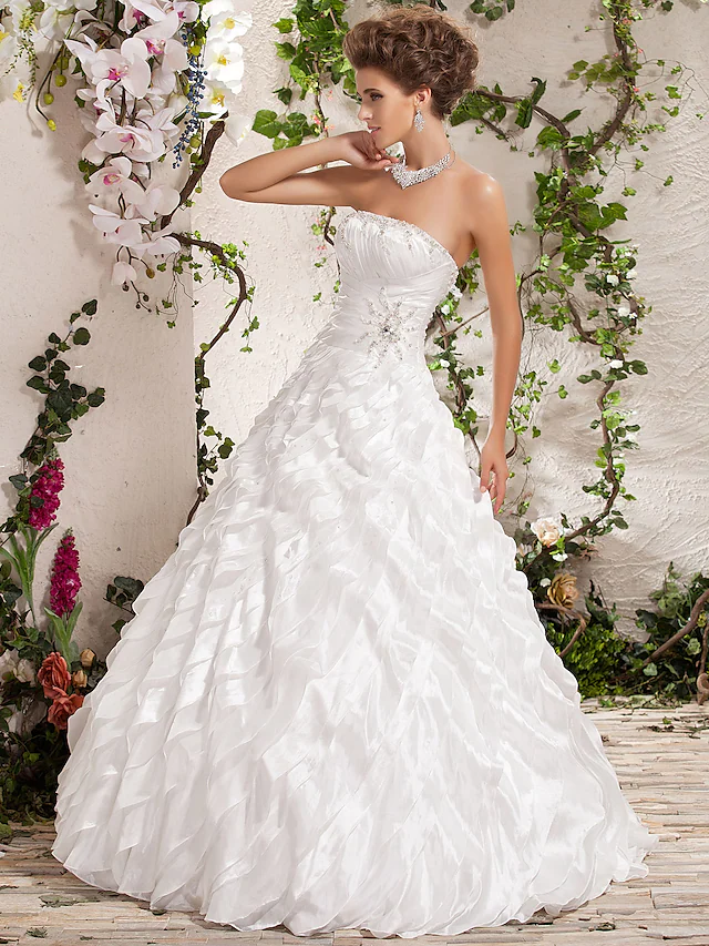 Ball Gown Wedding Dresses Strapless Floor Length Taffeta Sleeveless with Beading Cascading Ruffle