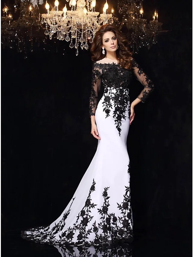 Wedding Dresses Bateau Neck Lace Tulle Lace Over Satin Long Sleeve Sexy Black Illusion Sleeve