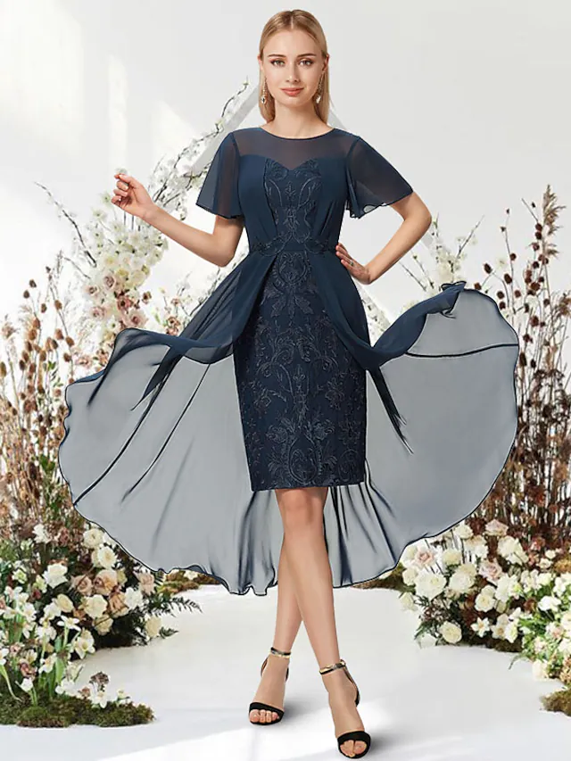 A-Line Empire Elegant Wedding Guest Engagement Dress Jewel Neck Short Sleeve Asymmetrical Knee Length Chiffon