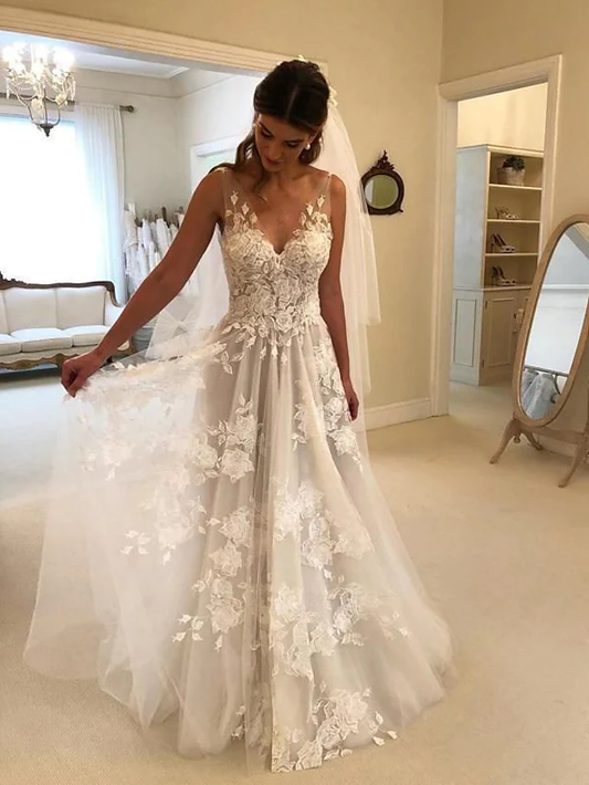 A-Line Wedding Dresses V Neck Court Train Lace Regular Straps Formal Casual Beach Long