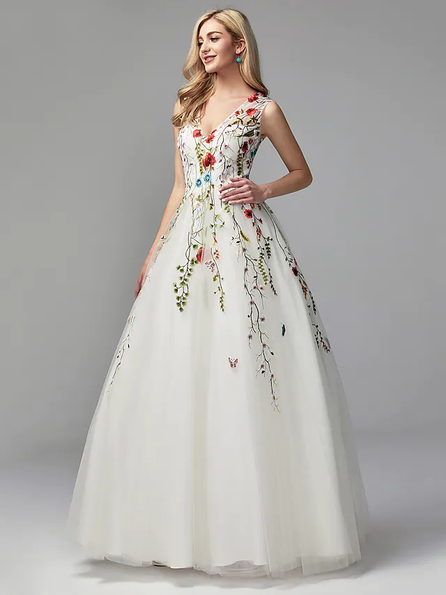 A-Line White Floral Quinceanera Formal Evening Valentine's Day Dress V Neck Sleeveless Floor Length Lace Tulle with Embroidery