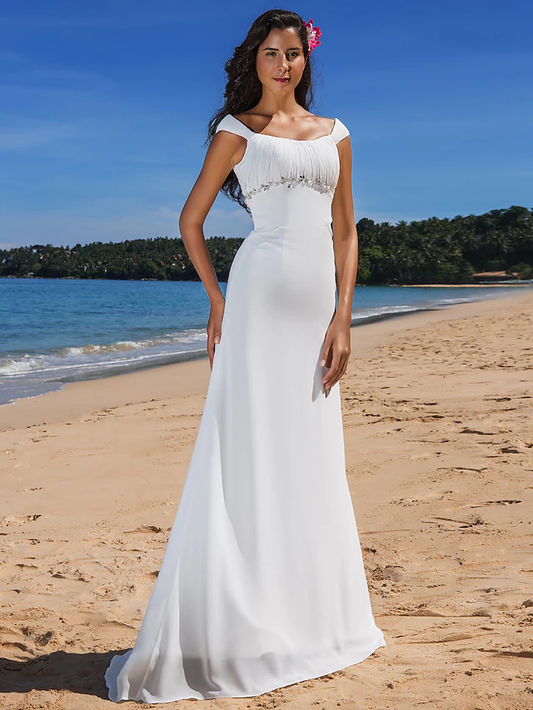 Wedding Dresses Scoop Neck Chiffon Cap Sleeve Beach Plus Size with Beading Draping