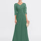 Mother of the Bride Dress Elegant See Through V Neck Floor Length Chiffon Sheer Lace Half Sleeve