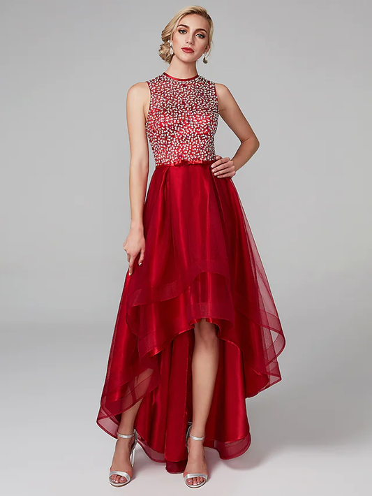 A-Line Sparkle & Shine High Low Keyhole Cocktail Party Prom Dress Jewel Neck Sleeveless Asymmetrical Satin Tulle with Bow(s)