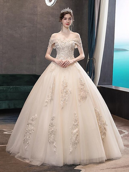 Princess Ball Gown Wedding Dresses Off Shoulder Floor Length Lace Tulle Sequined Short Sleeve Formal Romantic Luxurious Sparkle & Shine with Pleats